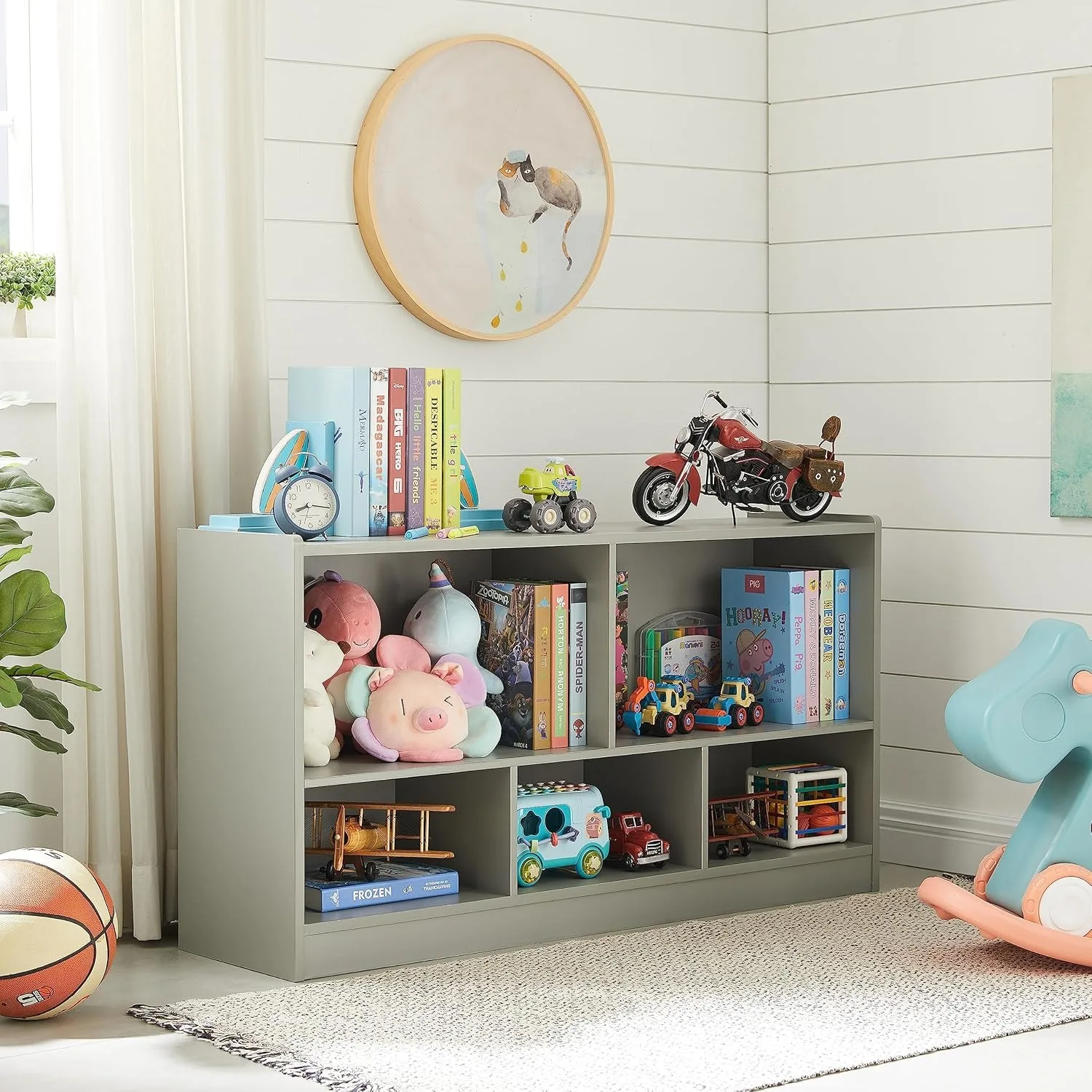 Toy organization and storage, 5-section children's bookshelf for organizing books and toys, game room, daycare (gray) 6