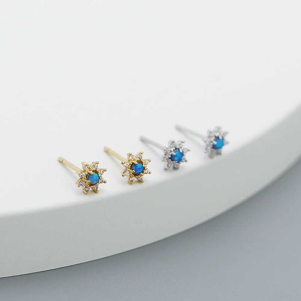 CCFJOYAS Minimalist 925 Sterling Silver Blue Opal Stud Earrings Mini Cute Flower Shaped Studs Fashion Piercing Earrings Jewelry