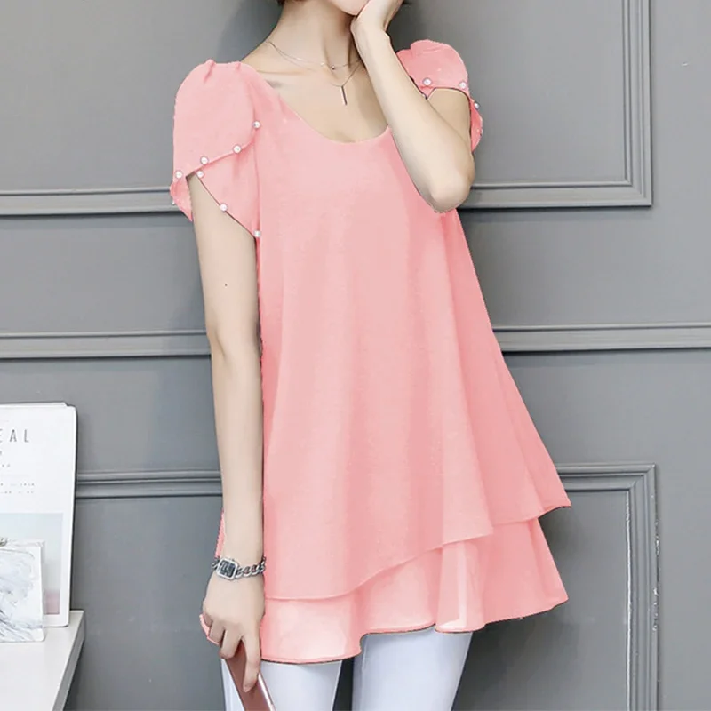 

Elegant Fashion Casual Solid Patchwork Chiffon Shirt Summer New O-Neck Short Sleeve Loose Pullovers Blouse Women's Clothing X884