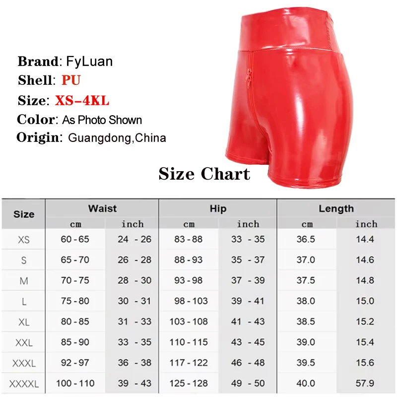 Red Shine PU Double Zipper Women Shorts Butt Lift Slim Shorts Vintage High Waist Elastic Tights Pants Pole Dance Clubwear
