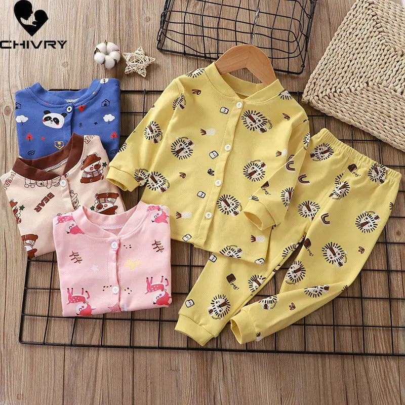 

New 2023 Kids Boys Girls Pajamas Cartoon Long Sleeve Cardigan T-Shirt Tops with Pants Toddler Baby Autumn Sleeping Clothes Sets