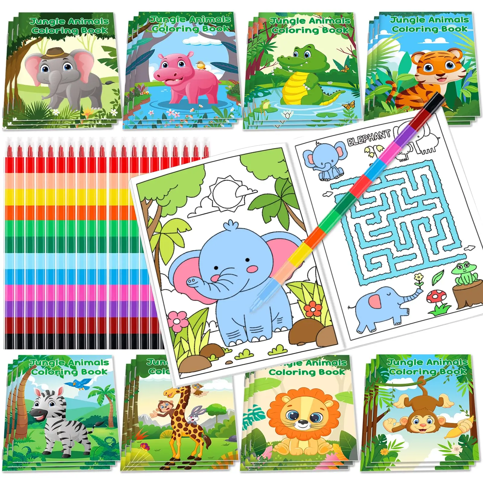 24Pcs Jungle Safari Animals Coloring Books for Kids with 24 Stacking Crayons Mini Coloring Book Party Favors Bulk Gifts 1