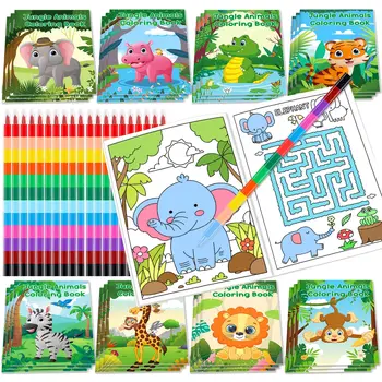 24Pcs Jungle Safari Animals Coloring Books for Kids with 24 Stacking Crayons Mini Coloring Book Party Favors Bulk Gifts 1