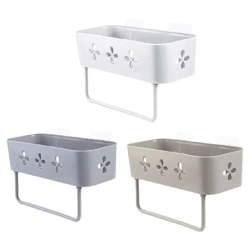 Nordic Bathroom Shelf Shower Caddy Organizer Rack Wall Mount Shampoo Rack With Towel Bar No Drilling Kitchen Bathroom Accessory 3