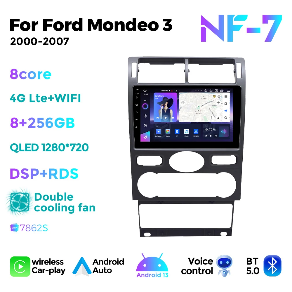 Autoradio Android 9" Pour Ford Mondeo 2004-2007 - CarPlay & Android Auto Sans Fil - GPS, WiFi, Caméra De Recul - 2Go/64Go