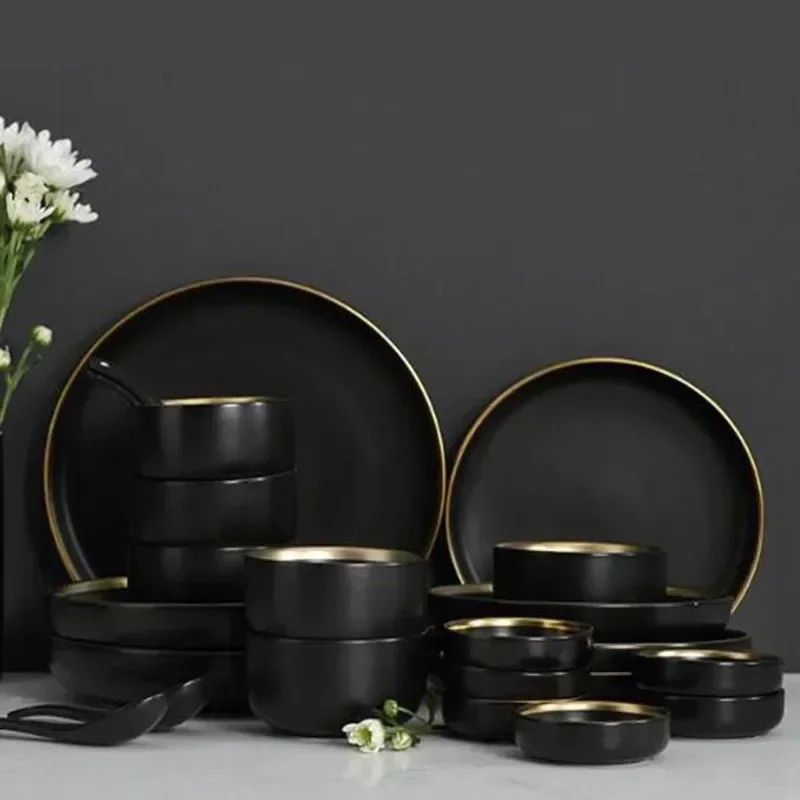 Ceramic Kitchen Plates Gold Sets Inlay Dinner Steak Service Plates Bowls Salad Cake Dish Serving Tray Dessert Tableware