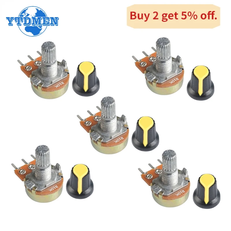 5 Set WH148 Potentiometer 1K 10K 20K 50K 100K 250K 500K 15MM 3Pin Linear Taper Rotary Potentiometer Resistor with AG2 Yellow Cap adjustable resistor linear potentiometer rotary potentiometer potentiometer kit