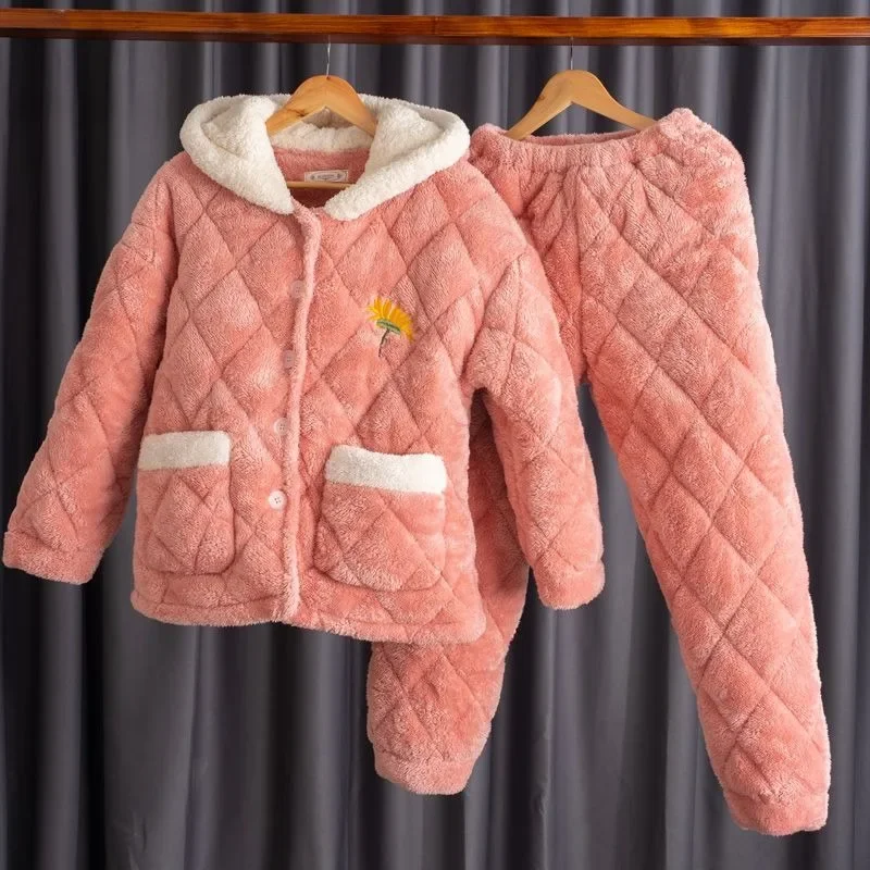Pajamas Women's Winter Thickened Fleece Sleepwear Three-layer Cotton Loungewear Coral Velvet Warm Jacket Famale Home Wear Set