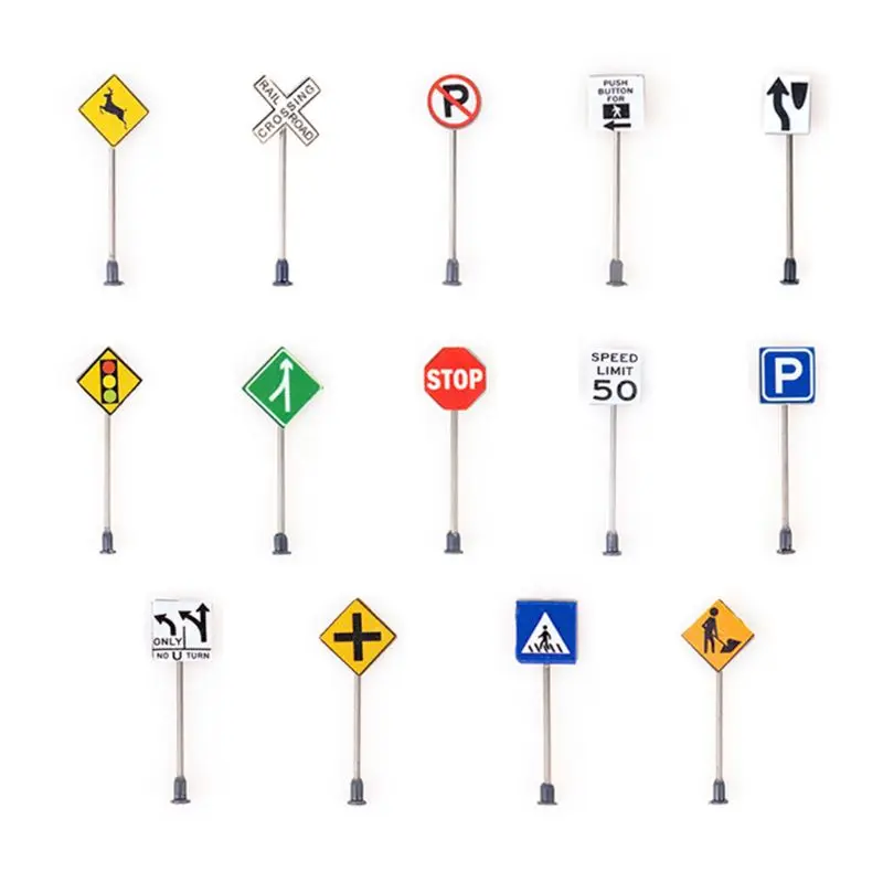 

14pcs/set 1/87 Scale Model Mini Traffic Signs Building Sand Table Model Decor Kids Interactive Traffic Lamps Road Sign Toys
