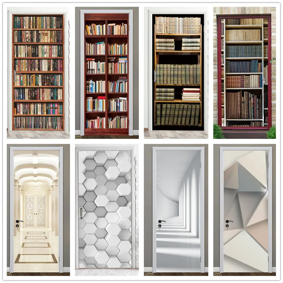 Retro Library Bookshelf Door Sticker DIY PVC Waterproof Self Adhesive
