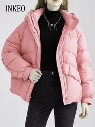 Warm Pink Hooded duck down jacket for women 2023 Autumn winter Long sleeve puffer coat loose Korean style Overcoat INKEO 3O177