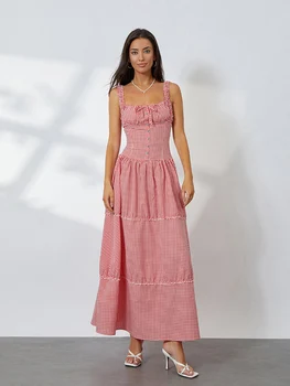 Women Summer Sleeveless Dress Casual Plaid Print Ruffle Party Dress for Cocktail Beach Club Streetwear 4