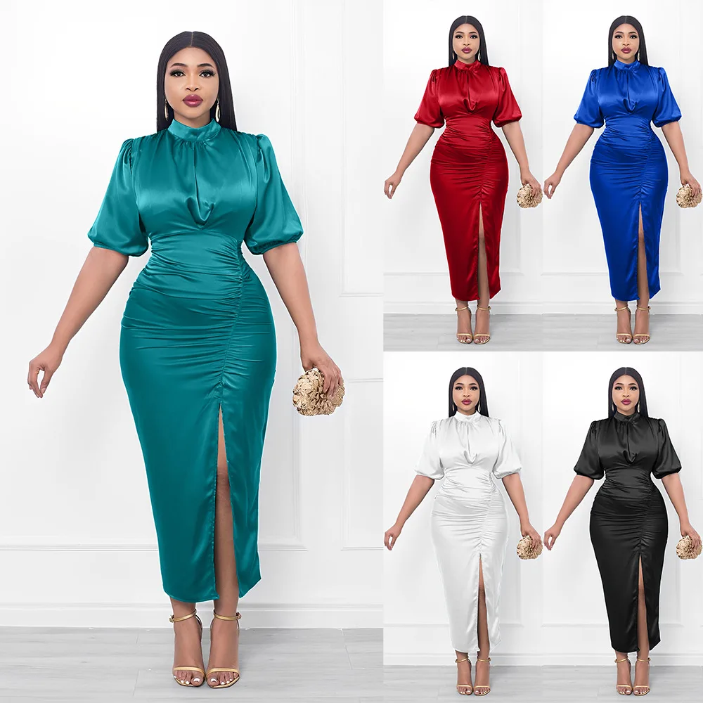 

LKF High Neck Tight Skirt Elegant Elegant High Split Pleated Dress Women's Casual Solid Color Evening Dress