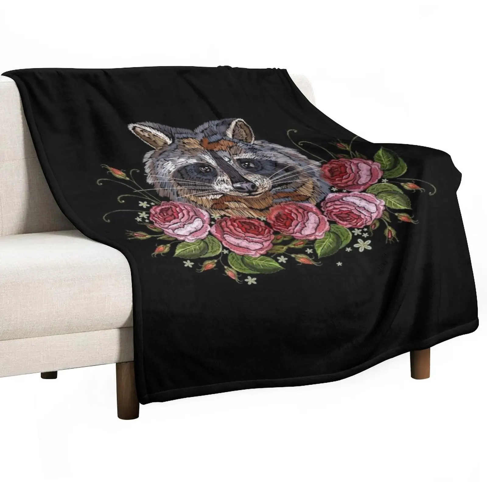 

Raccoon head with roses embroidery Throw Blanket Baby Blanket Polar blanket