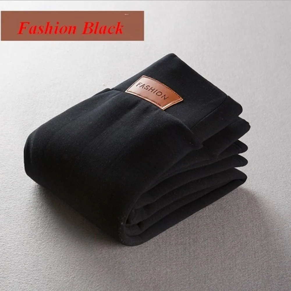 Black Grey Thick Fleece Lined Leggings Soft High Waisted Winter Leggings With Leather Patch Flexible Thermal Leggings Women Girl