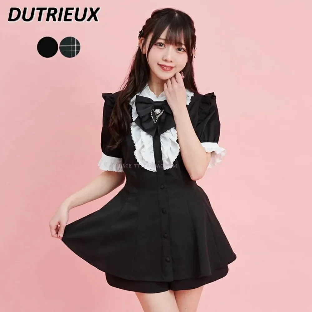 Japanese Lolita Mine College Style Short Sleeve Slim Fit Shirt Lace Placket Dress and Base Shorts Two Piece Suit with Bow Tie