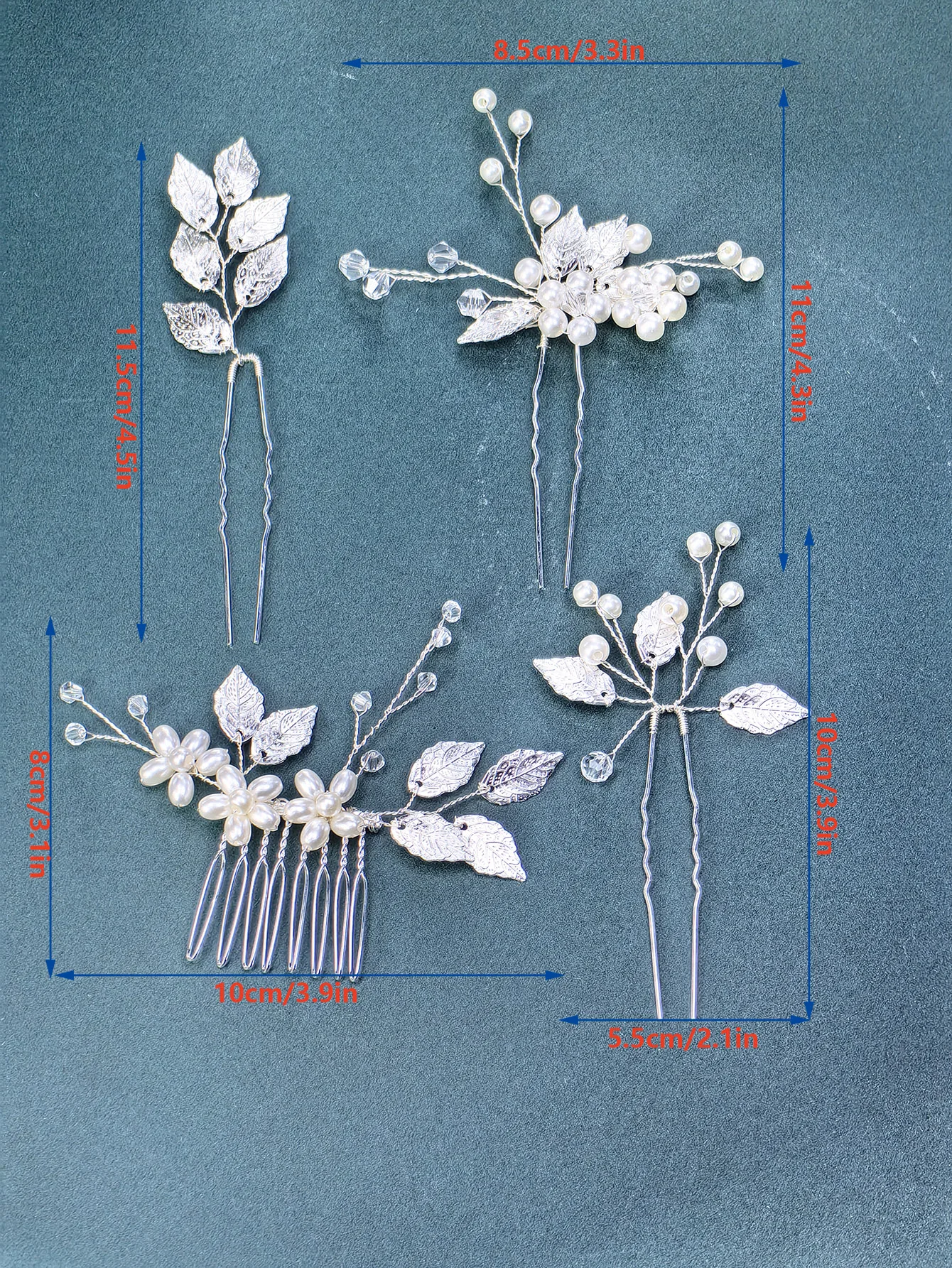 4 Piece Bridal Tiara Imitation Pearl Rhinestone Silver Leaf Wedding Set Elegant Hair Accessories Bridesmaid Flower Girl