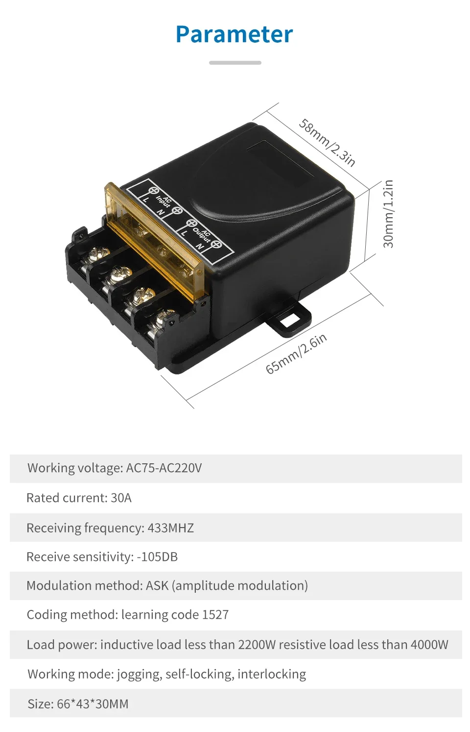 RF 433 Mhz Drahtlose Fernbedienung Schalter 12 V 24 V 48 V 72 V 110 V 220 V 30A Relais Empfänger für Wasserpumpe Motor LED Licht Tür Zugang – Detail 7