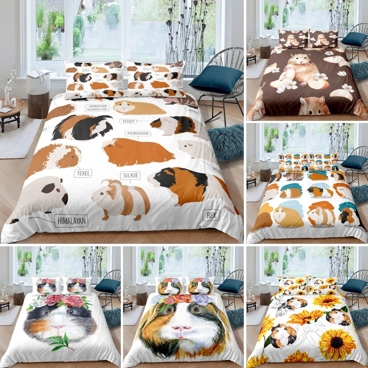 Guinea Pig Duvet Cover King/Queen Size for Kids Teens Boys Girls,Cute Cartoon Hamster Rodents Bedding Set for Dorm Bedroom,White