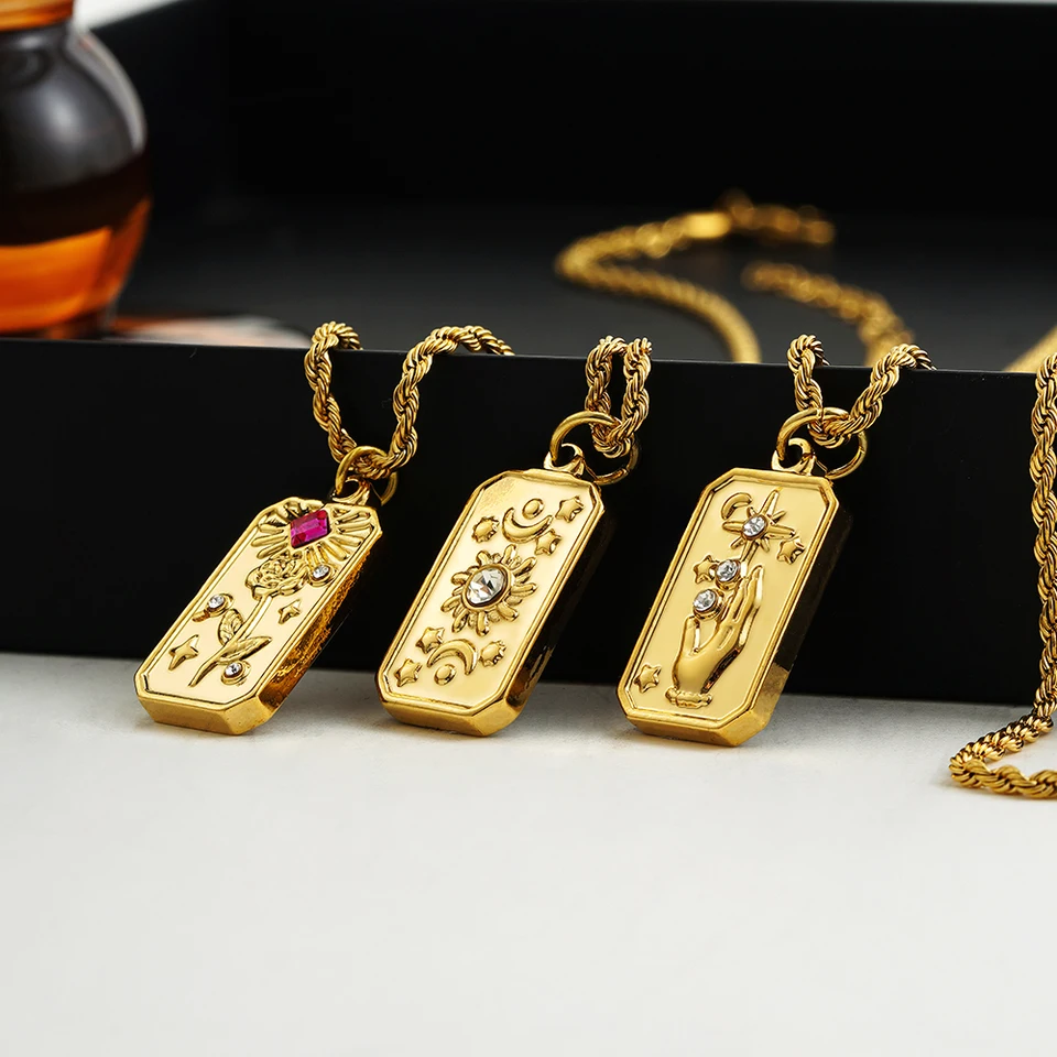 Collier Pendentif Carte De Tarot Rétro - Acier Inoxydable, Zircon, Motif Zodiaque - Longueur 40+5 Cm