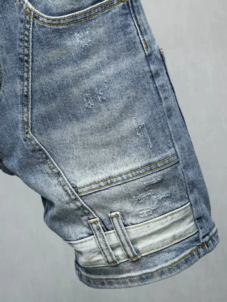 Summer Fashion Designer Men Jeans Retro Blue Elastic Stretch Patched Ripped Short Jeans Multi Pockets Hip Hop Denim Shorts Men