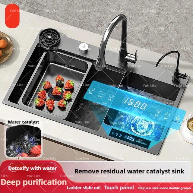 Water Catalyst Sink อ่างล้างจานสแตนเลสมัลติฟังก์ชั่นสมาร์ท Double Slot ทําความสะอาด Purification ฆ่าเชื้อผลไม้ 1