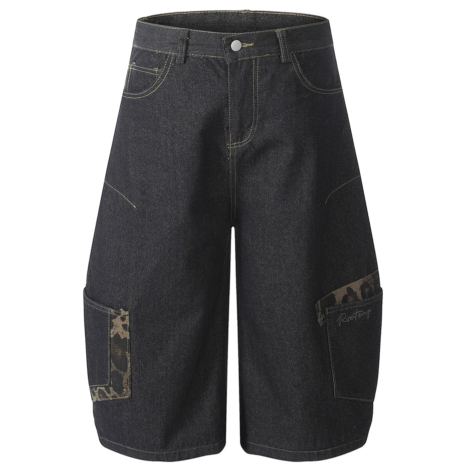 Vintage Baggy Denim Shorts Leopard Patchwork Loose Blue Jeans Shorts Men Summer Streetwear Harajuku Hip Hop Cargo