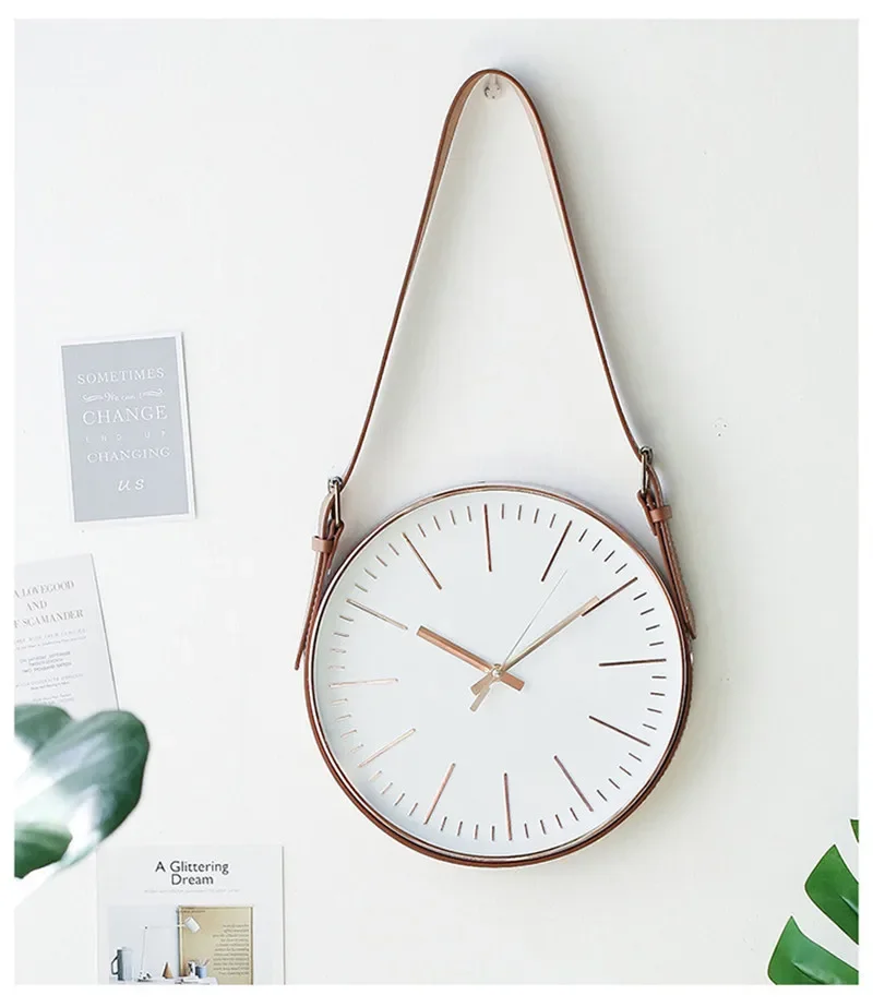 

[MGT] 30cm Modern concise style Leather belt ornaments wall-mounted clockHome Hotel Wall Hanging decoration craft ornaments