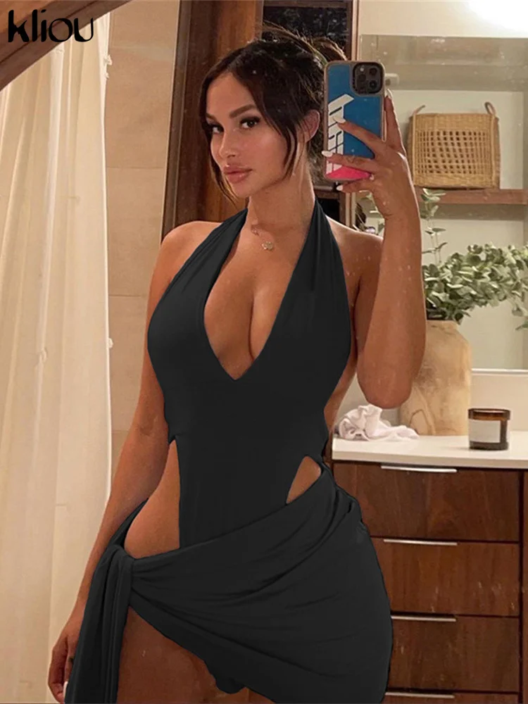 Kliou Solid Deep V sexy Two Piece Sets Midnight Club Halter Top And Skirt Backless Summer Partywear Hollow Out Ruched Women Set 4