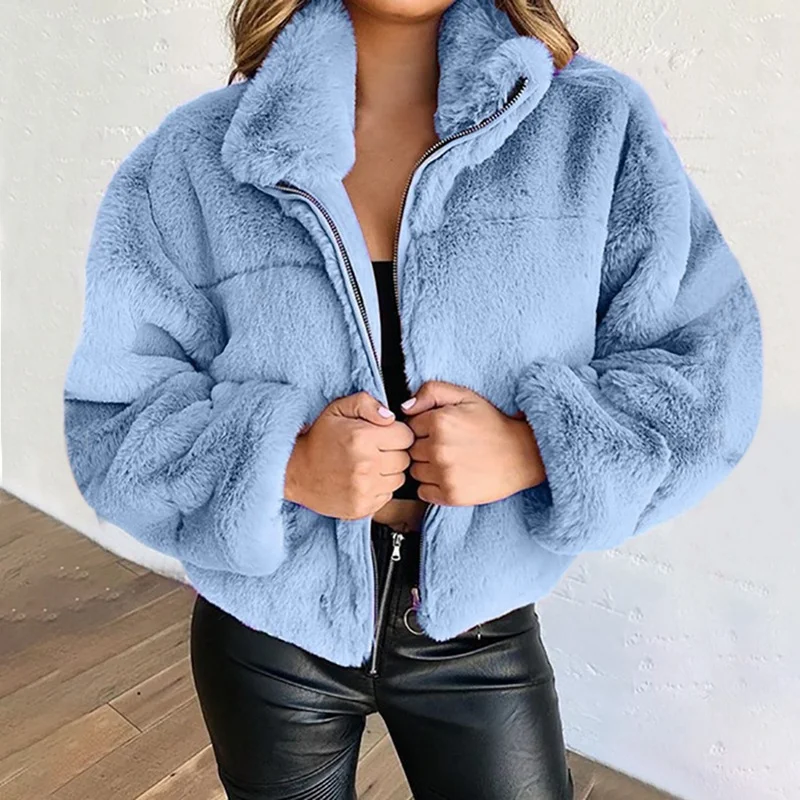 

2023 Hot Selling Women's Autumn Winter Rabbit Fur Imitation Fur Zippered Cardigan Plush Warm Jacket Blusas