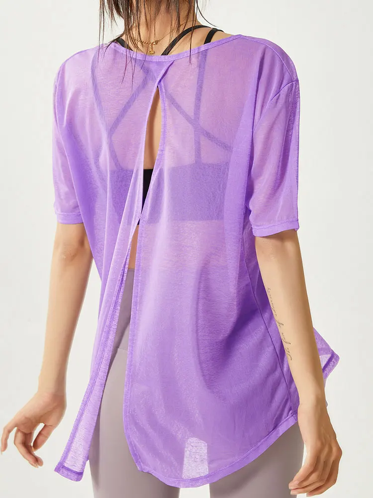 

Thin Loose Backless Slit Yoga Shirts Net Yarn Breathable Quick-dry Gym Run Short-sleeved Blouse Women Sports Top Fitness Clothes