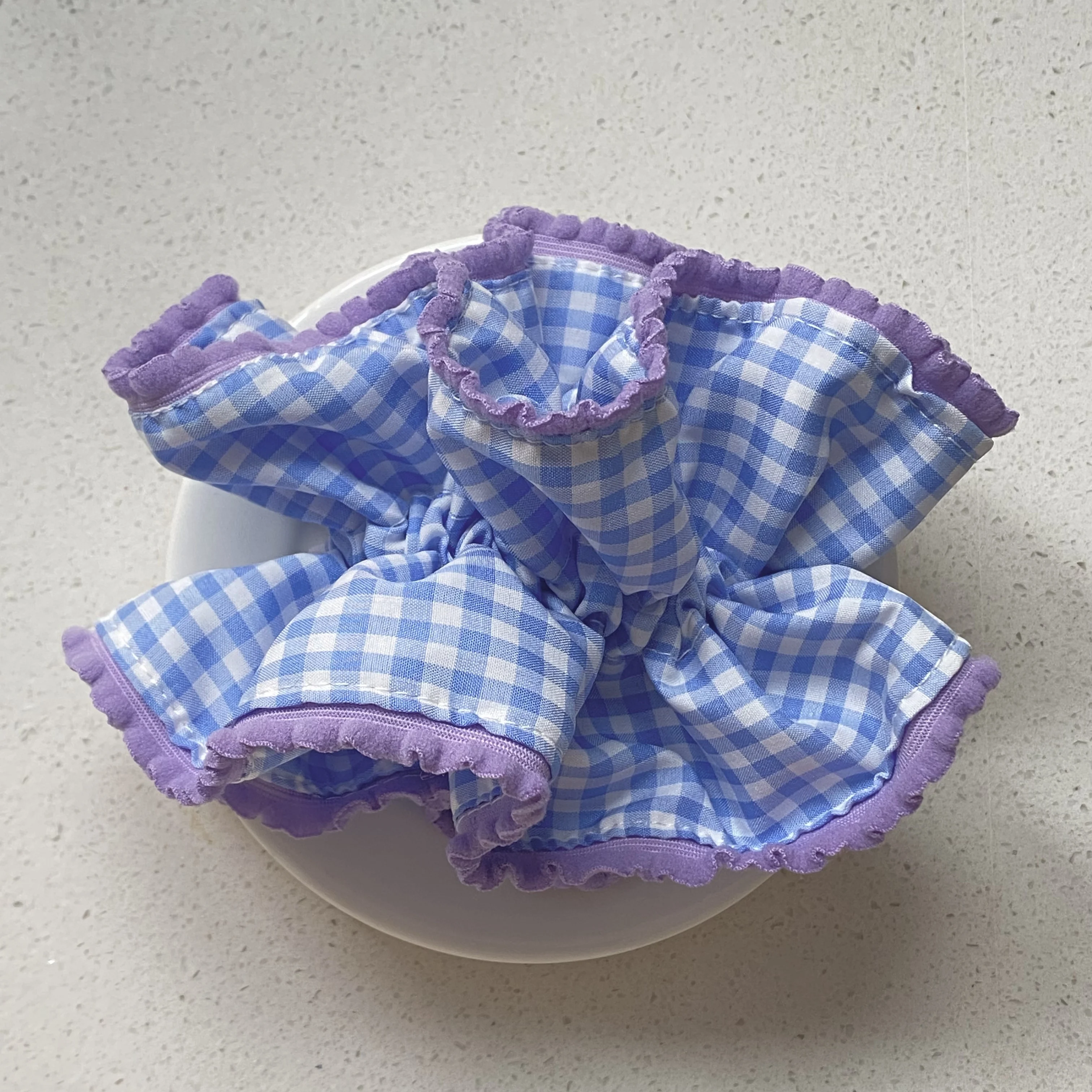 1PC  Blue And White Plaid Scrunchie With Purple Ruffle Trim, Cute Hair Accessory For Women, Stylish Hair Tie For Daily