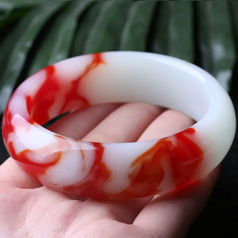 

Natural Red and White Hand Carved Wide Bar Jade Bracelet Fashion Boutique Jewelry Women's Chicken Blood Bracelet Popular Gift