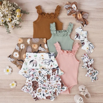 0-18M Infant Baby Girl 3Pcs Off Shoulder Romper Tops Bull Print Short Pants Head Band Summer Clothing 1