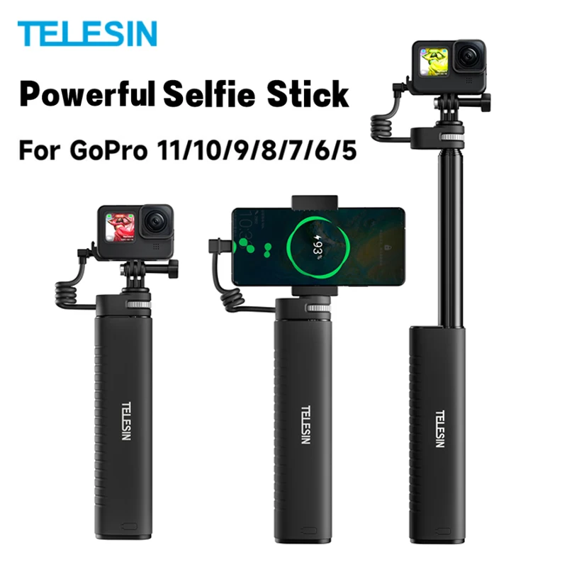 TELESIN Charging Selfie Stick 10000mah Power Bank Universal For Gopro Hero 11 10 9 8 7 6 5 Insta360 DJI Action Sports Camera