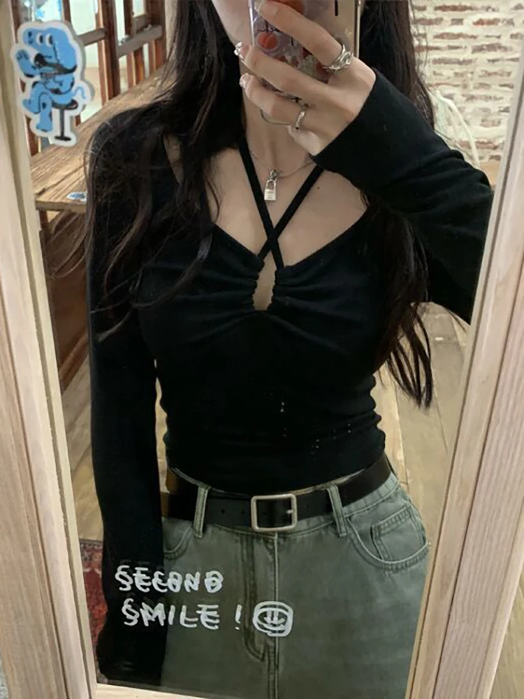 Haruku Lace Up T Shirt Women Long Sleeve Crop Top Female Sexy V Neck Slim Tees Summer Streetwear Ladies Tshirts Korean793_voghion.com