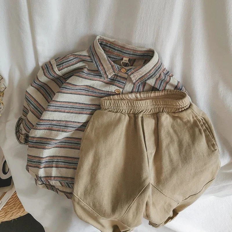Children's Retro Striped Irregular Cotton Linen Shirt Autumn Korean Literary Baby Boys Buttons Long-Sleeved Shirts WT055 kids shirts boys shirts