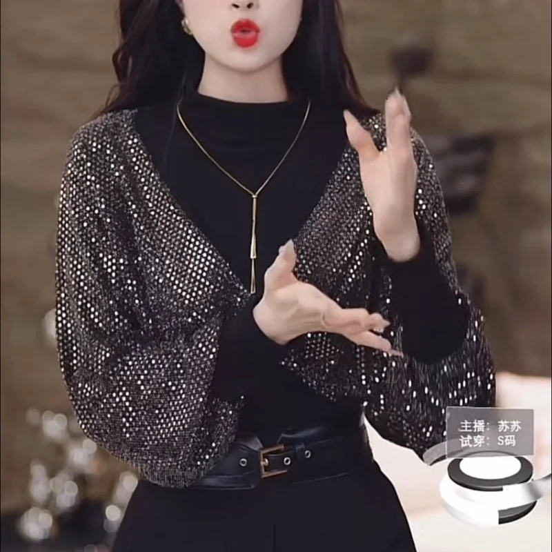 New Women's Clothing Tops Solid Color Crew Neck Long Sleeve Spring Autumn Sexy Streetwear High Street Sequined Spliced Pullovers