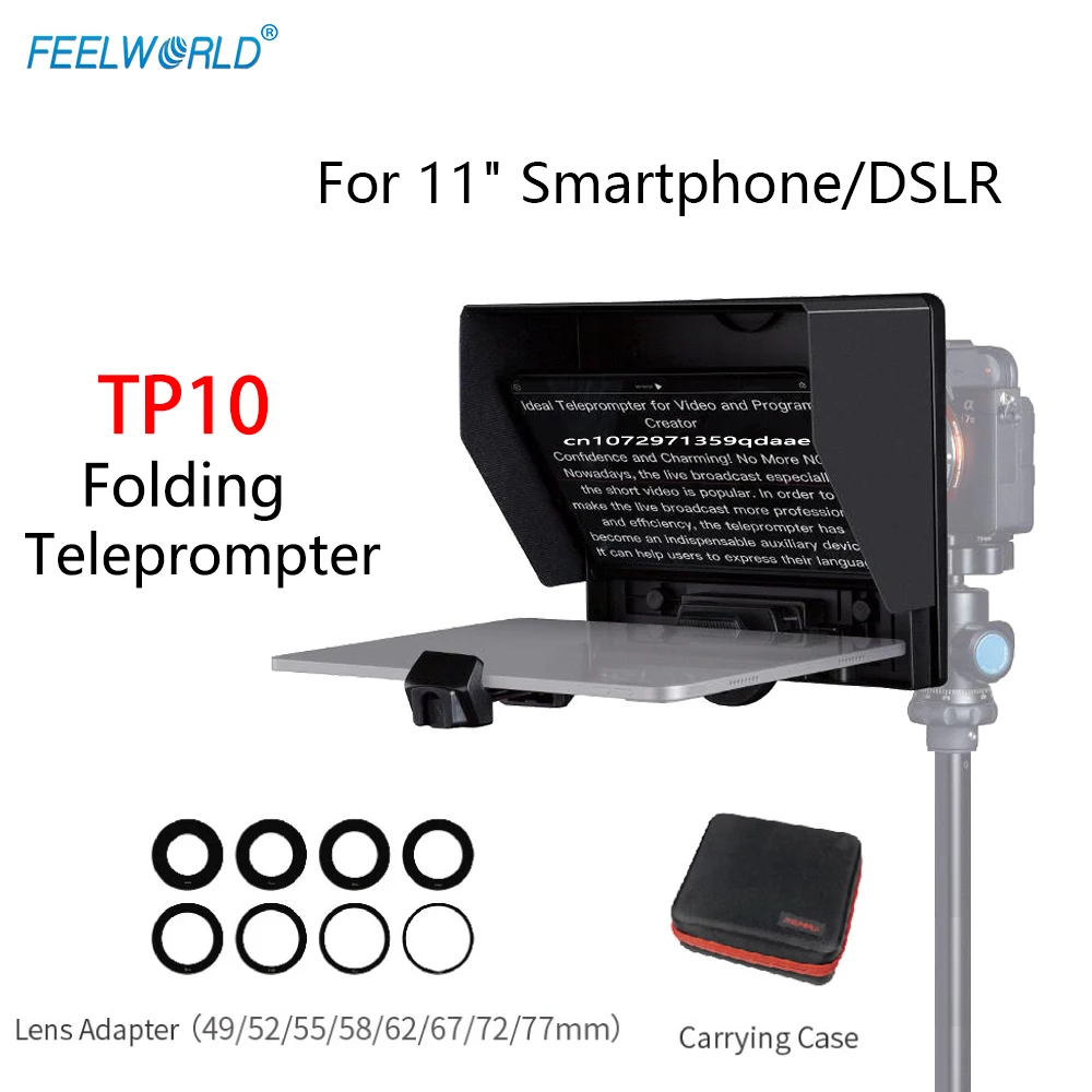 FEELWORLD TP10 Folding Teleprompter Portable 10-Inch Smartphone/DSLR Camera Shooting with Bluetooth Control & Lens Adapter