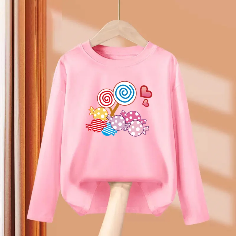 Little Girl Lollipop T-shirt Autumn Long Sleeved Tops Candy Cartoon Clothes Casual Round Neck Cotton Tees 3-14Y 2