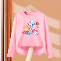 Little Girl Lollipop T-shirt Autumn Long Sleeved Tops Candy Cartoon Clothes Casual Round Neck Cotton Tees 3-14Y 2