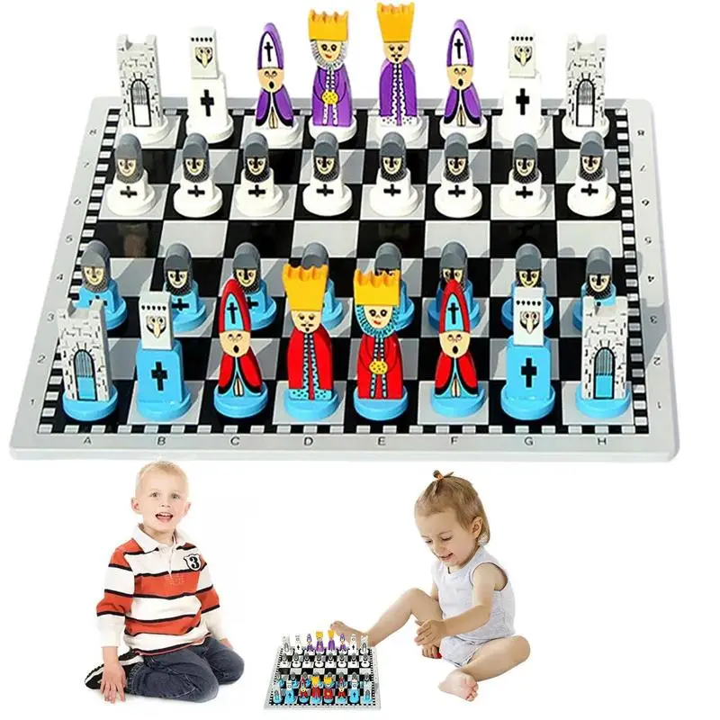 Cartoon Modeling Chess Toys Wooden Doll Chess Set Portable For Child Early Educational Board Games