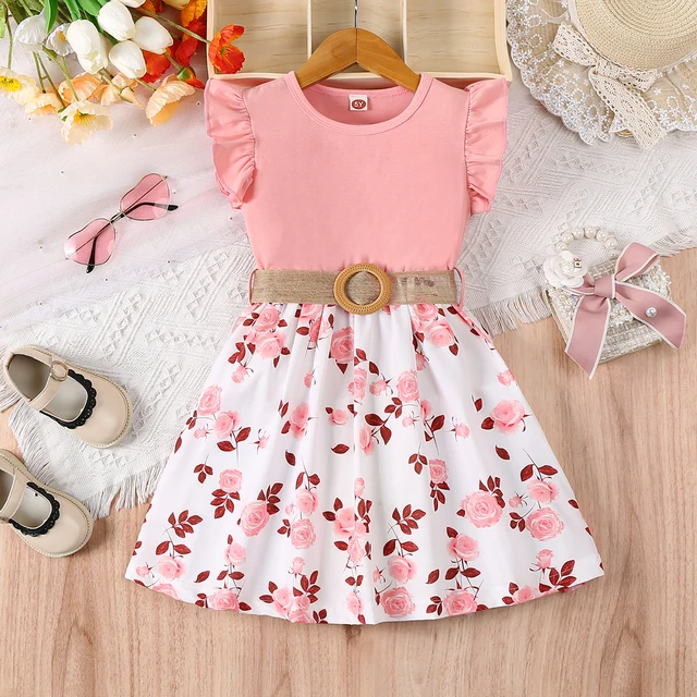Robe décontractée à imprimé floral romantique pour fille, avec bords à volants et petites manches volantes, robe cintrée à la taille (ceinture incluse), été 1