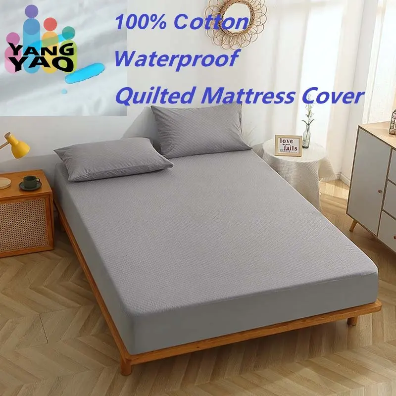 100CottonWaterproofQuiltedMattressCoverSingleQueenJacquardBed