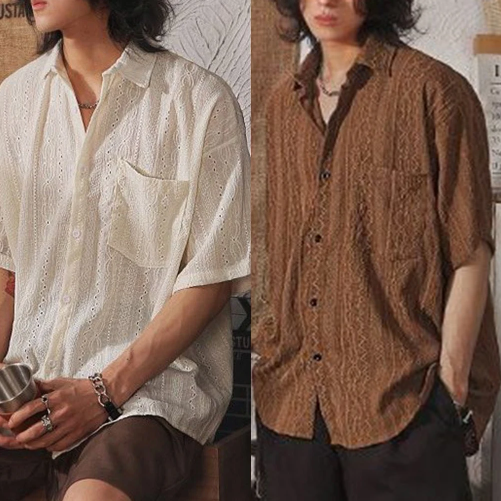 Men Casual Loose Hollow Out Short Sleeve Shirts Retro Fashion Vacation Daily All-Match Tops Solid Color