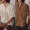 Men Casual Loose Hollow Out Short Sleeve Shirts with pockets Retro Fashion Vacation/Daily All-Match Tops Solid Color 1