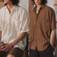 Men Casual Loose Hollow Out Short Sleeve Shirts with pockets Retro Fashion Vacation/Daily All-Match Tops Solid Color 1