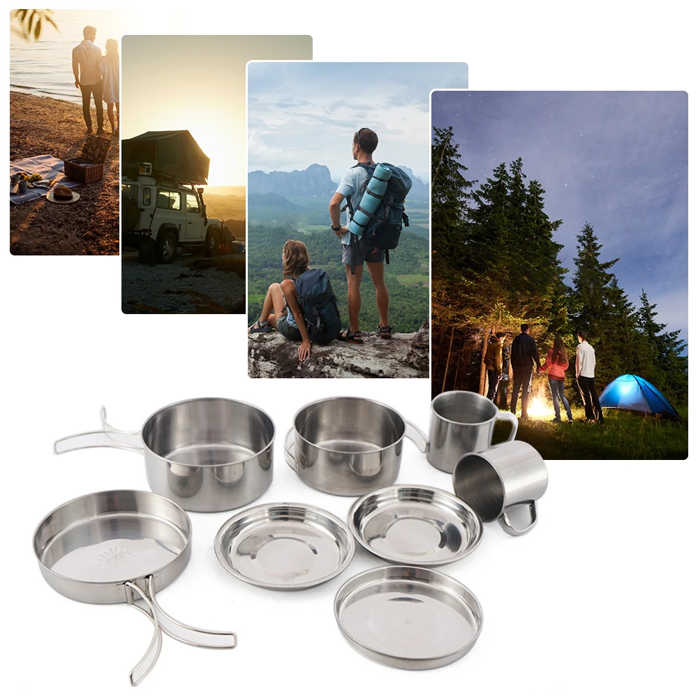 8pcs Stainless Steel Camping Cookware Set – Pot, Pan, Plates & Cups Kit 3