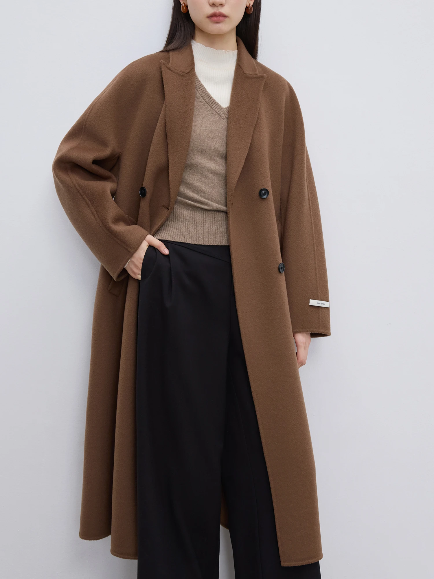ZIQIAO 100% Wool Coats Classic Double Breasted Long Woolen