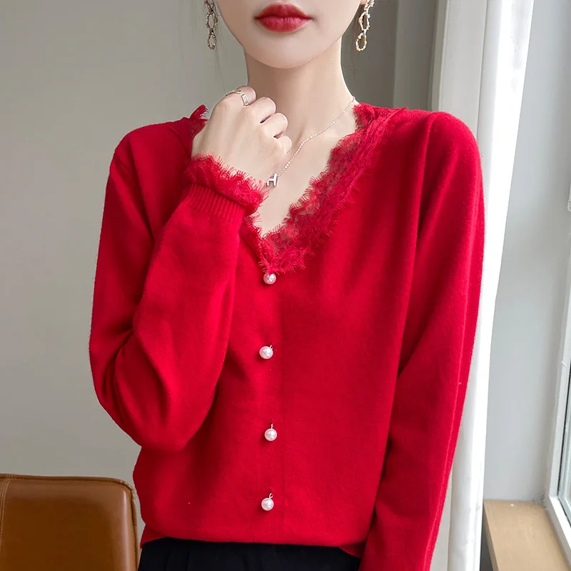2024 Autumn And Winter New Cashmere sweater Women Pullover Lace edged Knitted Long Sleeve Soft Cashmere sweater Women 5